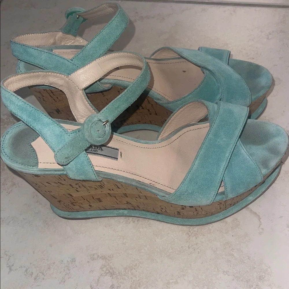 Prada Turquoise Wedge Sandals 39.5